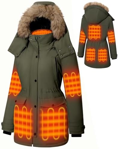 Hecusma Heated Jackets for Women with 18400mAh 12V Battery Pack Included, Parka Womens Heated Jacket with Hood Skating-Army Green, L