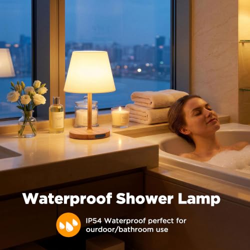 Image of LUTEC 2 Pack Shower Lamp Waterproof, 6000mAh Rechargeable Cordless Table Lamp with 3 Color Temps and Stepless Dimming, Touch Control & Portable LED Nightlight for Bathroom, Desk, Outdoor(Wood Grain)