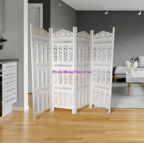 Image of Wooden Room Divider 6 Feet, 4-Panel Folding Wooden Partition for Living Room, Office, Pooja Room, Restaurant, Kitchen & Balcony (2W x 1.82H Meters). (White-Floral Pattern)