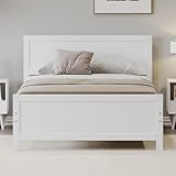 LUSPAZ Full Size Platform Bed with Headboard and Strong Wooden Slats, Modern Style Safety Wood Bed Frame with Delicate Craftsmanship, No Box Spring Needed, Perfect for Apartments, Bedrooms, White