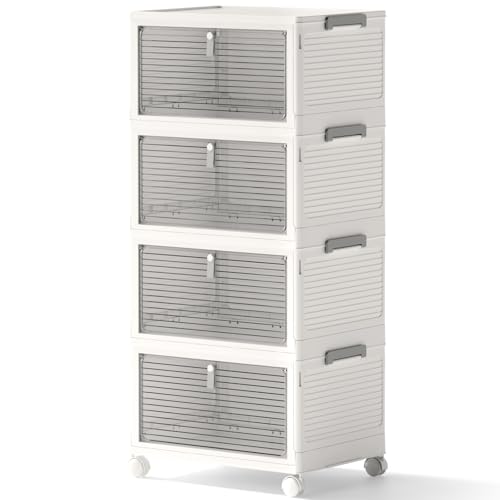 COLLEFUN Storage Bins with Lids,4 Tier Stackable Storage Bins with Drawers,4 Pack Collapsible...