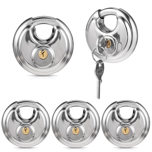 Image of 5 Pack Discus Padlocks Keyed Stainless Steel Heavy Duty Locks 2-3 /4 inch Wide Round Lock Waterproof Outdoors Storage Lock with Brass Keys for Storage Unit Gate Hasp Latch Outdoor Fence