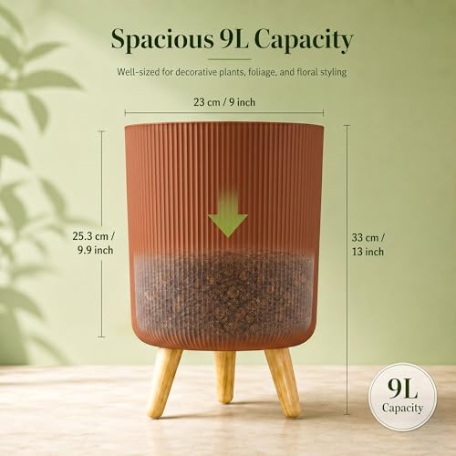 Image of Eightiz Store Modern Wood Brown Flower Pot with Plastic Legs | Indoor Outdoor Planter for Home Garden Balcony Decor Ribbed Design Sturdy Plastic Mid-Century Style (Wood Brown, Pack of 2)