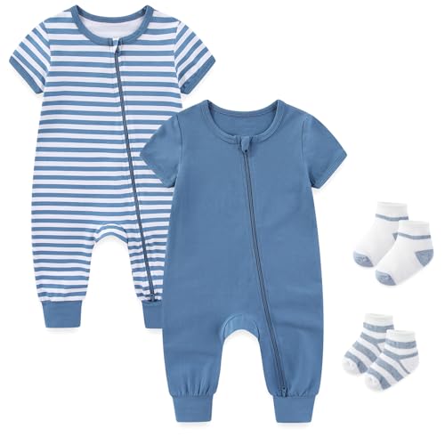 Image of falianni Baby Boy Girl 2-Pack Rompers with Socks 0-18M Toddler Unisex Zipper Short Sleeve Jumpsuits Clothes