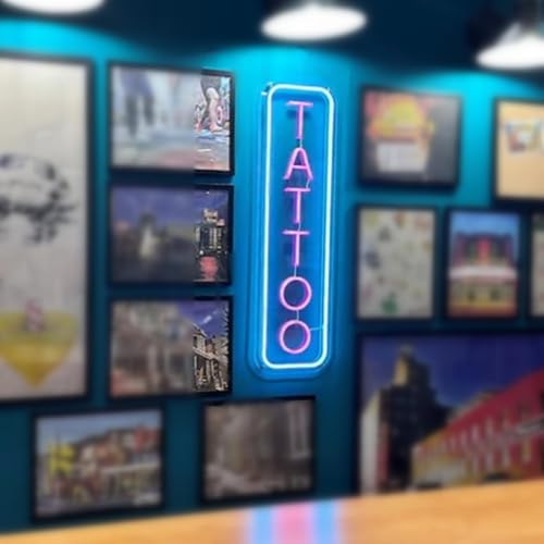 Image of Dimmable Tattoo Neon Sign,LED Reusable Neon Signs,Arylic Ice Blue Tattoo Shop Sign with Dimmer for Tattoo Salon, Studio, Shop Plaque,Tattoo Gifts for Friends,16x5.9in(Ice Blue+Pink)