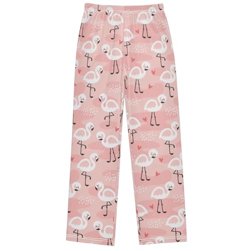 Boy's Pj Pants Pink Heart White Flamingo Lounge Bottoms Elastic Waist Kids Joggers with Pockets Size 6-14