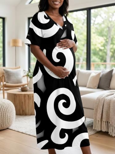 Image of Plus Size Maxi Dress for Women Short Sleeve V Neck Casual Loose Sundress with Pockets