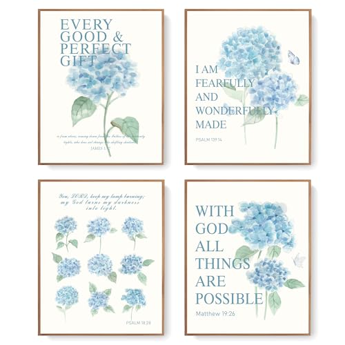 Image of LARTSFRO Hydrangea Floral Bible Wall Art Decor Posters, Blue Floral Spring Christian Room Bathroom Bedroom Dorm Wall Art Decor Aesthetic for College Teen Girls Gifts, Inspirational Bible Verses Wall Decor, 10x8 Inch Set of 4 Pcs Hydrangea Pictures (UNFRAMED)
