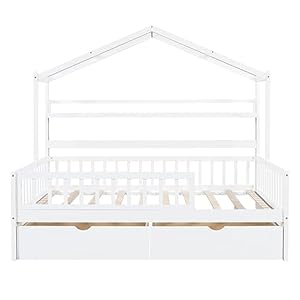 DEINPPA Full House Bed with Drawers, Kids Bed with Shelf and Fence Guardrails, Wood Bed Frame with Decorative Roof Designs, No Box Spring Needed, for Boys Girls Toddler Kids-White DEINPPA Full House Bed with Drawers Kids Bed with Shelf and Fence Guardrails Wood Bed Frame with Decorative Roof Designs No Box Spring Needed for Boys Girls Toddler Kids White