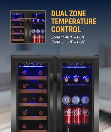 Image of NewAir 24 inch Dual Zone Beverage Refrigerator & Wine Cooler for 20 Bottles & 78 Cans | Freestanding or Built-In Under Counter Mini Fridge for Beer, Wine and Soda | Black Stainless Steel