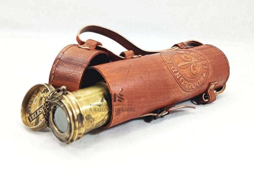 Antique Brass Pirate Telescope Camping Accessories Telescope for Adults Marine Sailor\'s Spyglass, 17 inch Brass Made w High Resolution Magnification w Brown Leather Case Nautical Gift
