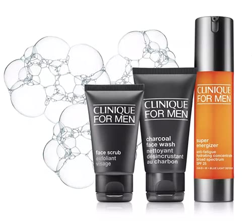 Clinique for Men Daily Energy + Protection 3pc Set -Super Energizer, Charcoal Face Wash And Scrub, 1.7 Ounce