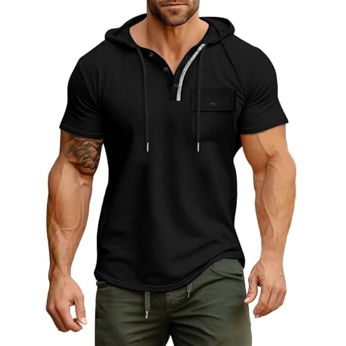 Wmmner Mens Hooded T Shirt Trendy Plain Tshirt Short Sleeved Casual Summer Fashion Pullover Tops Mens Drawsthoodie for Men/Negro/M
