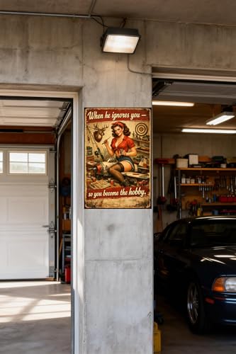 When He Ignores You Metal Tin Sign, 8x12 Inch Vintage Retro Art, Funny Hobby Quote, Pinup Girl Decor for Garage, Man Cave, Office, Bar, Pre-drilled Holes for Easy Hanging — view 2