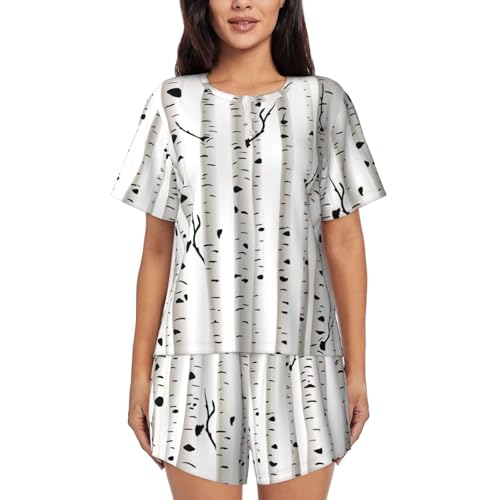 Pyjama 2 pièces femme col rond à motif bouleau et manches courtes avec poches pratiques
