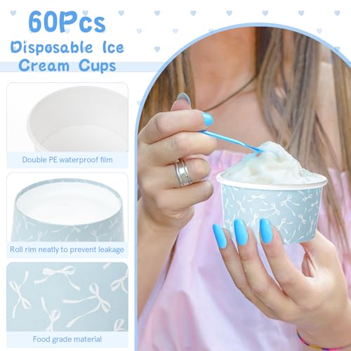 Image of Maxdot 60 Pcs 3 oz Paper Ice Cream Cup Disposable Dessert Western Cup Paper Yogurt Snack Bowl Bulk for Hot and Cold Food Ice Cream or Mousse for Birthday Valentine Party Supplies(Blue,Bow Knot)