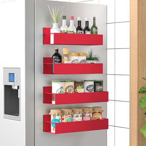 Image of HuggieGems 4 Pack Magnetic Spice Storage Rack Organizer for Refrigerator and Oven, Red Fridge Organizers and Storage | Magnetic Shelves Heavy Duty for Fridge in Kitchen, Seasoning Storage Organizer, For Oven Washer and Dryer, For Heavier Items