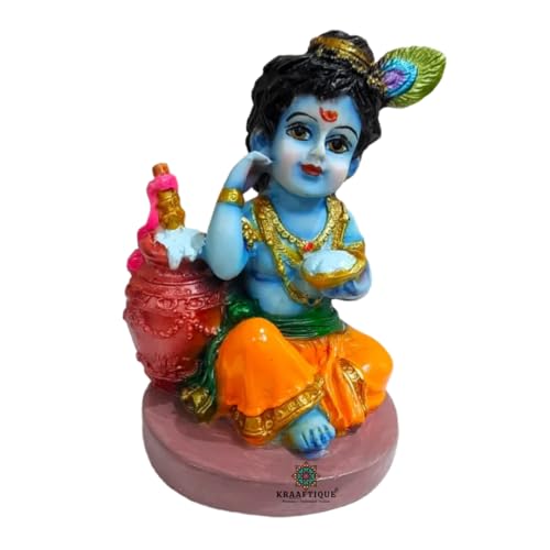 Image of Bal Gopal Baby Krishna Idol with Makhan Matki & Flute | Makhanchor Murti for Home Temple | Kanha Ji Thakur Ji Statue, Handcrafted Marble Dust Krishna Showpiece for Pooja Room, Janmashtami Gift (10 cm)