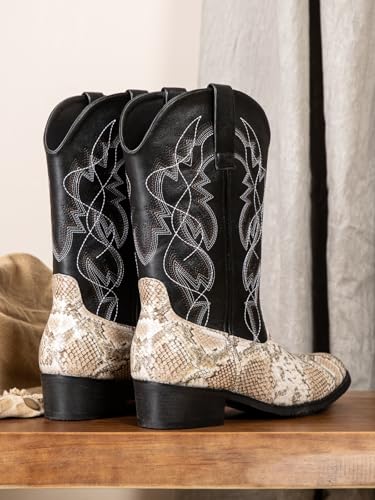 Image of Python Manning Men's Boots Cowboy for Men Classic Pointed Toe Western Pull Up Snakeskin Embroidered Mid-Calf Boots