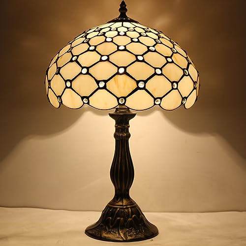 Image of WERFACTORY Tiffany Lamp Cream Amber Stained Glass Bead Table Lamp 18 Inch