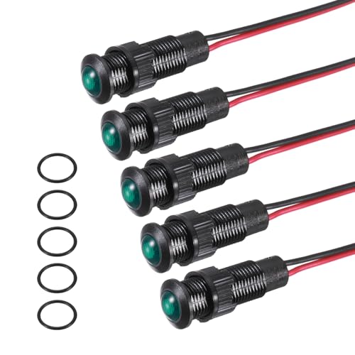 PATIKIL 5Pcs 8mm(5/16") Indicator Light,12V-24V AC/DC LED Plastic Shell Signal Lamp Waterproof IP67 Round Head Signal Lights with 150mm(5.9") Cable for Boat Car,Green