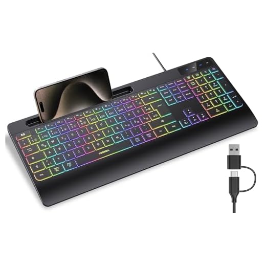 seenda KOE200 Kabelgebundene Tastatur beleuchtet, ergonomische Tastatur mit Handyhalter und Handballenauflage für PC/Tablet/Smarthandy/Windows/Mac, USB & Typ C Kabel, leise Klicken - QWERTZ Layout