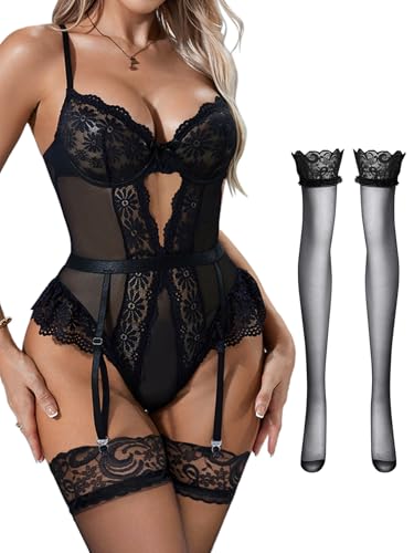 Image of Lilosy Sexy Stocking Lace Mesh Bodysuit Top Underwire Garter Lingerie Set 3 Piece