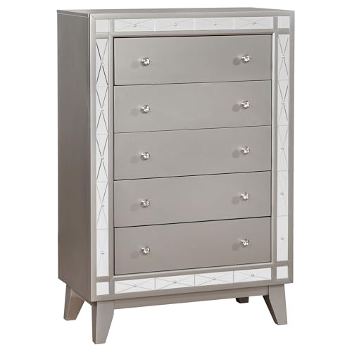 Coaster Home Furnishings Leighton Modern Classic Wood 5-Drawer Bedroom Chest of Drawers Chiffonier Clothing Storage Cabinet Bedroom Armoire Tall Dresser Organizer Unit Metallic Mercury 204925
