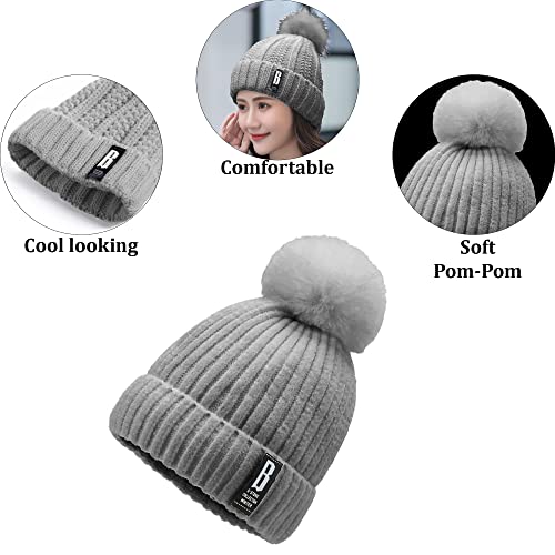 Image of SYGA Winter Beanie Hat for Women Warm Thick Cotton Lining Knit Bobble Pom Pom Skull Cap Fleece Lined Warm Cap Outdoor Sports Hat for Ladies Women Girl Free Size