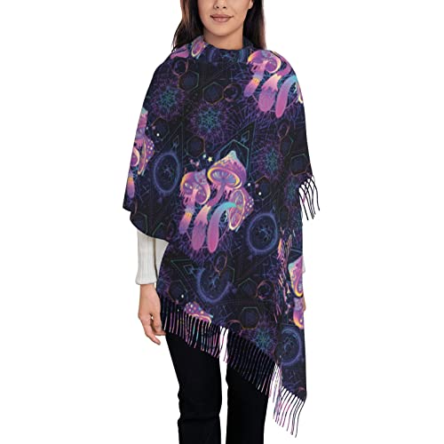 Bagea-Ka Magic Mushrooms Psychedelic Art Pattern Scarf Long Shawl Wraps Pashmina for Women Girls with Tassels Soft Warm Cozy2