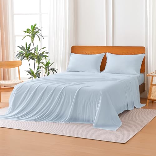 Image of Amazon Basics Jersey Knit 4-Piece Sheet Set, Wrinkle Free and Easy Fit, Includes 16 inch Deep Pocket Fitted Sheet, 1 Flat Sheet and 2 Pillowcases, King, Blue
