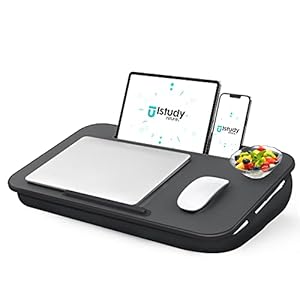 Portable Laptop Lap Desk with Pillow Cushion, Fits up to 17 inch Laptop, Laptop Stand with Device Ledge and Phone Holder, for Home Office, Black, ISTUDYNITURE