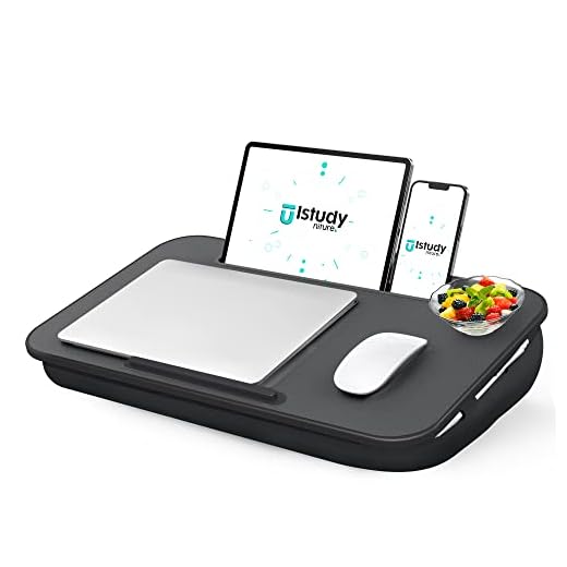 Lap Desk, Portable Laptop Lap Desk with Pillow Cushion, Fits up to 17 inch Laptop, Laptop Stand with Device Ledge and Phone Holder, for Home Office, Black, ISTUDYNITURE