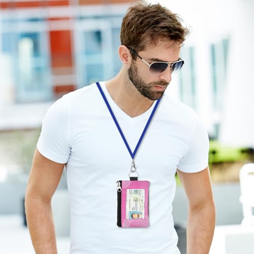 Image of Minimalist RFID Wallet with Lanyard, Multi-functional ID Case with 2 Zipper Pockets and Key Chain for Men and Women, Tactical Badge Pouch Cards Holder, Coin Purse for Travel Sports - Two-Tone