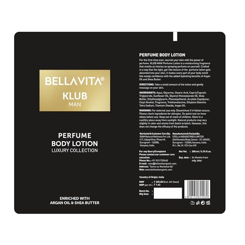 Image of Bella Vita Luxury KLUB Man Body Perfume Lotion for Nourishing, Hydrating, Soft, Supple, Healthy Skin with Argan Oil and Shea Butter 200 ml