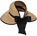 Women Ponytail Hole Sun Straw Hat Uv SPF UPF 50 Visor Widebrim Open Top Large Head Packable Roll Up Travel Beach (US, Alpha, One Size, AC Khaki)