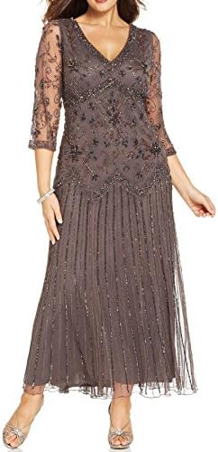 Pisarro Nights Women's Plus-Size Long Three-Quarter-Sleeve Double-V Beaded Dress