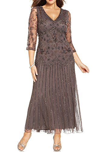 Pisarro Nights Women's Plus-Size Long Three-Quarter-Sleeve Double-V Beaded Dress