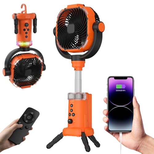 Ventilador recargable de 20000 mAh con luz LED, ventilador inalámbrico portátil para acampar al aire libre con gancho y soporte retráctil para tiendas de campaña y artículos esenciales al aire libre