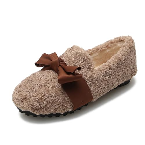 Women's Warm Faux Fur Slippers with Bow Indoor Outdoor Slip On Fuzzy Loafers for Women Winter Casual House Shoes