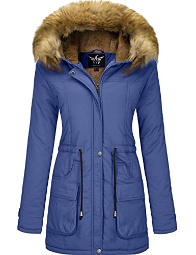 YXP Veste parka militaire d'hiver en laine polaire chaude pour femmes avec capuchon en fourrure (bleu,M) Cover