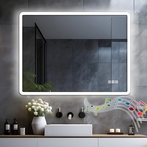 LISA Specchio da bagno a LED con illuminazione, 80 x 60 cm, grande LED specchio da bagno con bluetooth e presa, dimmerabile, 3 colori di luce, anti-appannamento, per bagno, WC, corridoio