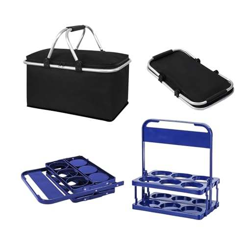 30L Einkaufskorb,Einkaufskorb Faltbar,Korb,Kühltasche Faltbar,Flaschenträger 6 Flaschen,Körbe + 2 Bierträger, Picknick/BBQs/Camping/Ausflügen/Einkaufen (Schwarz, Einkaufskorb + Bierflaschenträger)