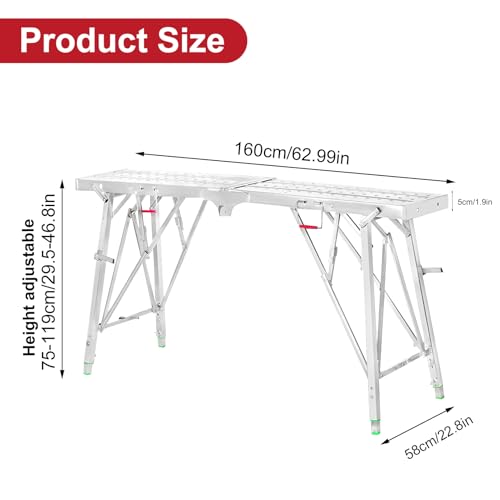 Portable Scaffolding,Adjustable Folding Work Terrace,Steel Ladder,Heavy Duty Galvanized Scaffolding for Ceiling Cleaning,Painting,Car Washing(Size: 160x25 CM),Sliver - Thumbnail 2