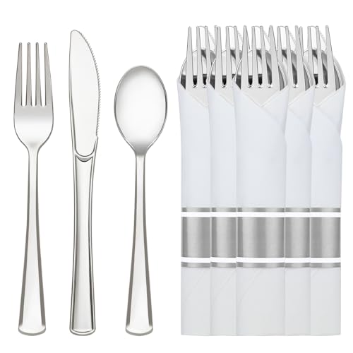 60 Pack Silver Pre Rolled Napkin and Plastic Cutlery Set, Individually Wrapped Plastic Silverware Set with Napkins, Forks, Knives, and Spoons, Disposable Plastics Utensils Set for Wedding Party Dinner by MEINV - Used condition - CA$35.43