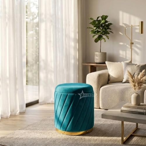 Image of Mythic ArtsRound Upholstered Sitting Stool & Footrest Velvet Storage Ottoman Pouffe13 X 13X 16 inch | Versatile Puffy for Living Room, Bedroom, and Office ? Chic Home Furnishings & Dcor Aqua