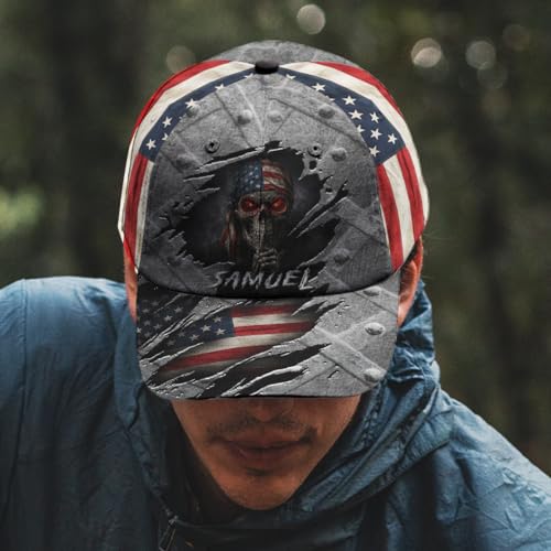 Image of Skull Baseball Cap for Men, Grim Reaper Death Crack Old Metal with Flag, Men's Hat, Adjustable Motorcycle Soft Caps