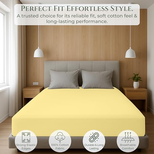 Image of Royale Linens 100% Organic Cotton Queen Fitted Sheet Only - Percale Weave - Super Soft Deep Pocket Bottom Sheets - Yellow Elastic Sheet - Queen Size Fitted Sheets Only - (60 inchx80 inch+15 inch, Yellow)