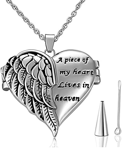 Heart Crystal Urn Necklace for Ashes A Piece Of My Heart Lives In Heaven Cremation Jewelry Angel Wings Memorial Keepsake Pendant (white gold plated)