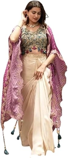 LUXE VIBE Crepe &amp; Chinon Silk Dhoti Set with Banglory Silk Blouse &amp; Sequined Shrug | Ready-to-Wear 3-Piece Ethnic Outfit f...